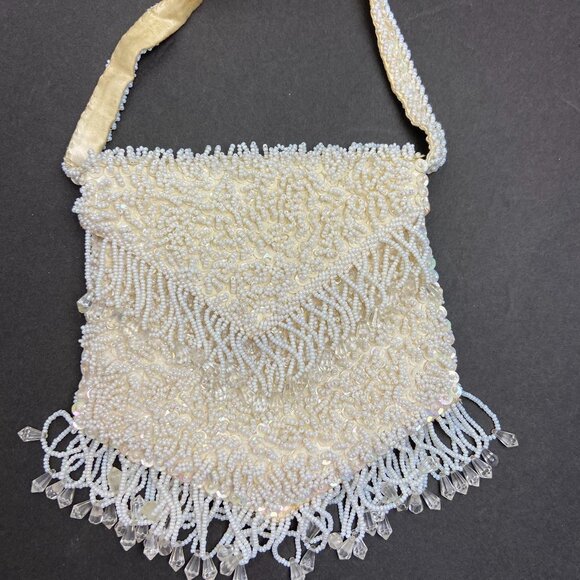 Vintage Hong Kong White Evening Party Mini Bag Purse Beaded - Picture 1 of 12